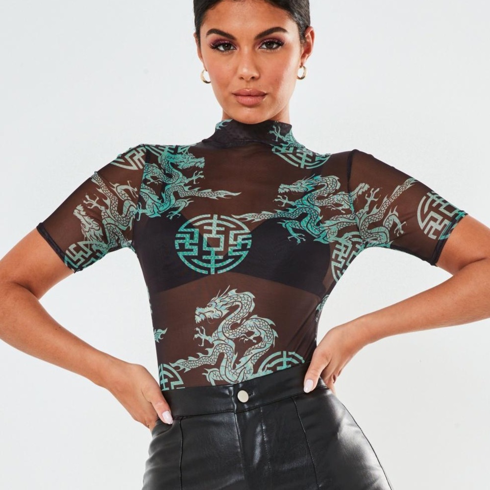 NWT sold out black dragon print mesh top
